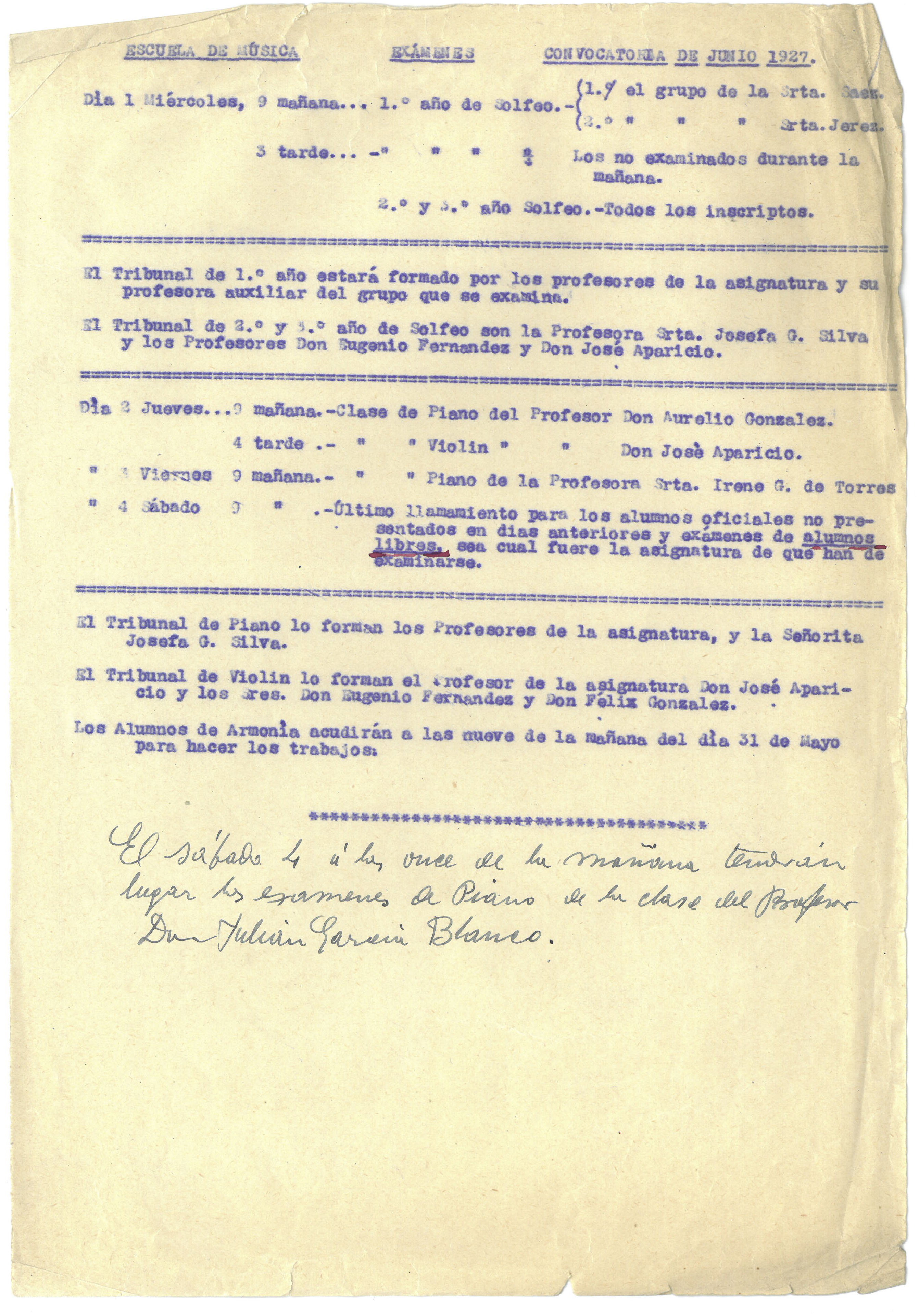 Convocatoria de exámenes. Curso 1927-28