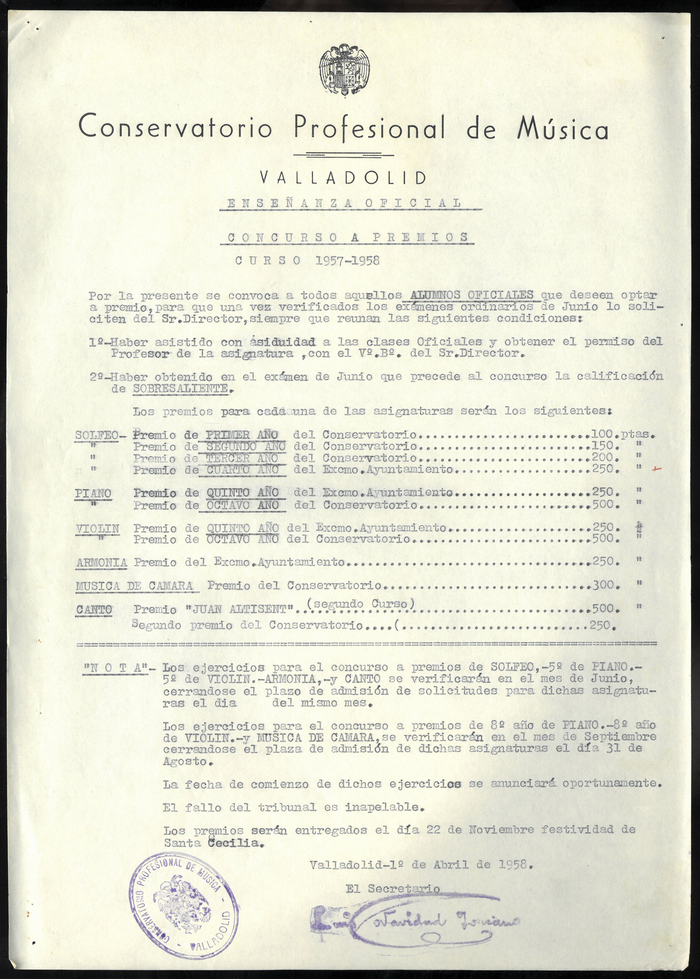 Convocatoria de Premios Extraordinarios 1957-58