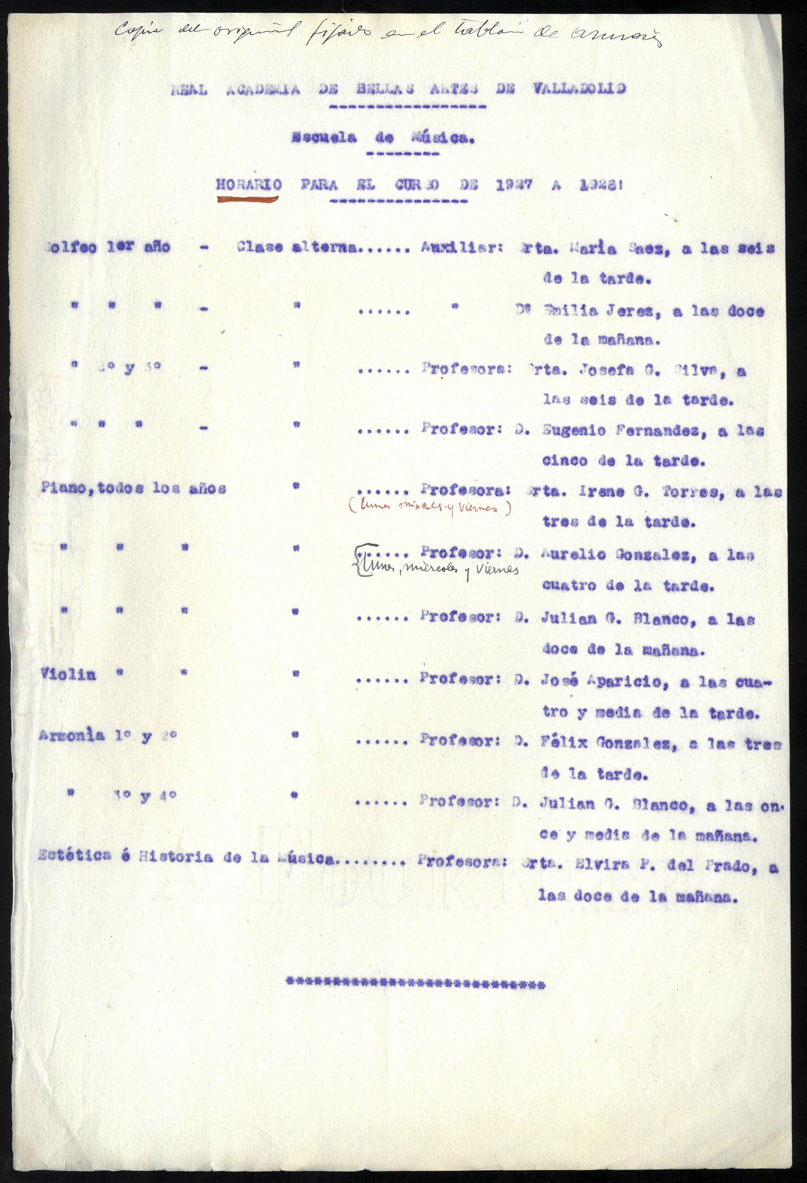 Horario del curso 1927-28